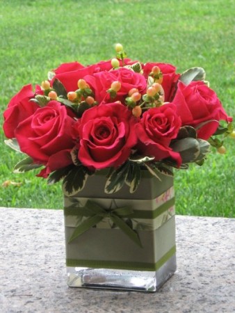 Hot Pink Roses and Hyperium Berries Floral Bouquet - $45.99